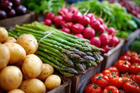 Fresh vegetables displayed at a marketの素材