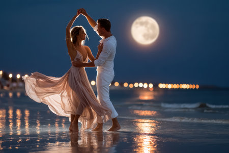A couple shares a romantic dance on the sandy beach at night, illuminated by a full moon and twinkling lights.の素材