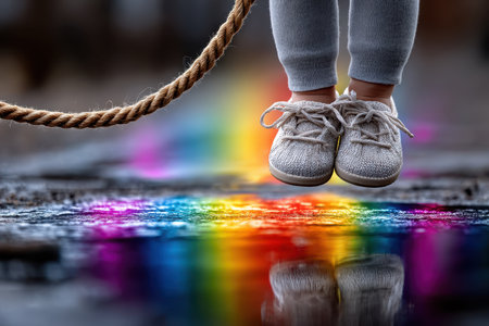 A child jumps excitedly over a vibrant, rainbow-colored puddle after rainfall in an urban environment.の素材