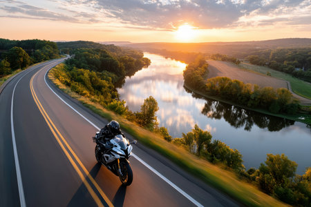 Motorcycle on a winding road alongside a river at sunsetの素材