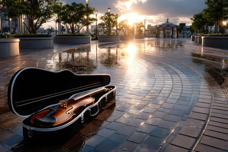 A violin case lies open on wet tiles, reflecting sunlight as dawn breaks in an urban setting.の素材
