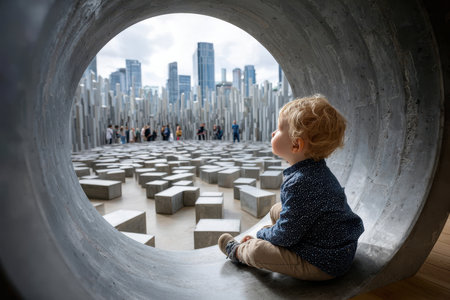 A young child sits quietly, gazing at the tall buildings beyond a circular concrete feature in the park.の写真素材