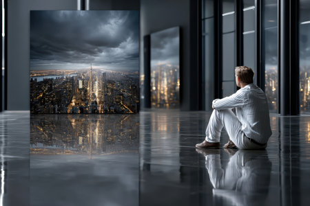 A person sits quietly on the polished floor, admiring a large artwork of a city skyline filled with lights at dusk.の素材