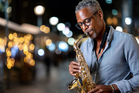 A musician plays the saxophone passionately in a bustling urban setting illuminated by lights.の素材
