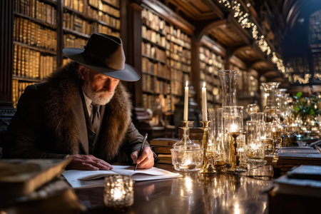 An elderly man dressed in a stylish hat and coat writes intently at a wooden table in a candlelit library.の素材