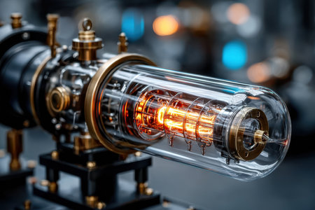 A vintage glass tube showcasing a glowing filament is positioned in a detailed steampunk-inspired environment.の素材