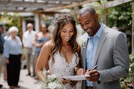 A bride and groom joyfully sign their marriage license while friends and relatives witness their special moment.の素材