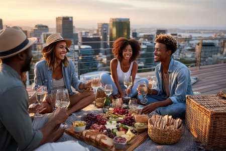 Group of friends share laughter and a picnic at sunset, featuring wine, fruits, and scenic views over the city.の素材