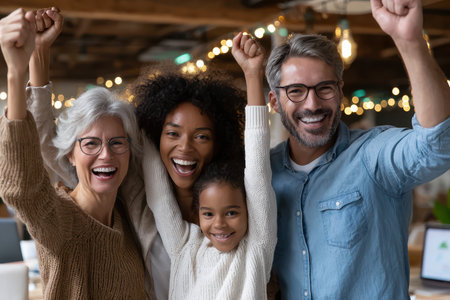 Four family members celebrate joyfully in a cozy cafe, showcasing smiles and excitement during a gathering.の素材
