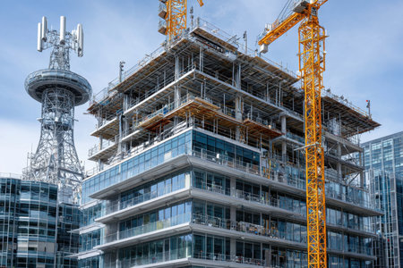 A modern glass building under construction with a crane and communication towerの素材