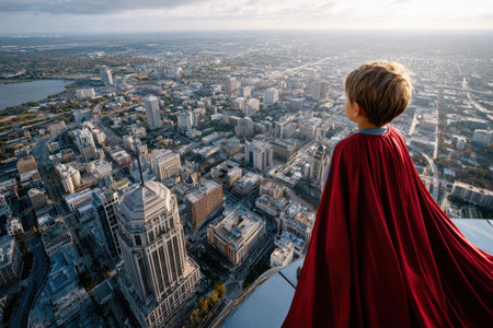 A young child wearing a red cape looks out over a vibrant city skyline during dusk, admiring the view.の素材