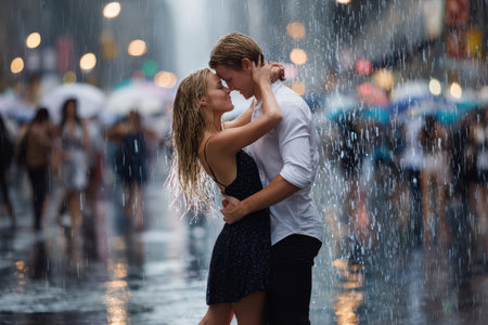 A young couple hugs and kisses under falling rain while surrounded by city lights and umbrellas.の素材