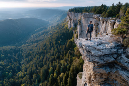 A hiker stands on a cliff overlooking a vast forest at sunsetの素材
