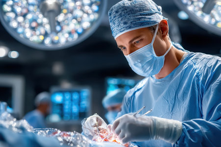 A surgeon performing a complex procedure, shot in a sterile operating room with a prime lens, showcasing the precision and dedication of medical professionals, ultrarealistic photo --ar 3:2 --raw --profile nk3i4wf --stylize 250 --v 7 Job ID: da01d01c-f94d-4333-981f-c24c774cf4d4の素材