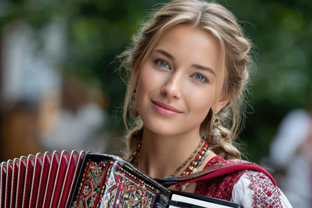 A woman with braids holds an accordion, smiling softly during a festive outdoor gathering.の素材