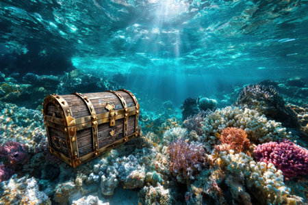 A treasure chest sits on a colorful coral reef in sunlit ocean waterの素材