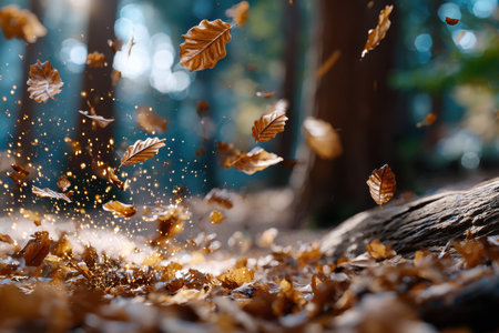Fallen leaves swirl and flutter amidst golden sparkles in an autumn forestの素材
