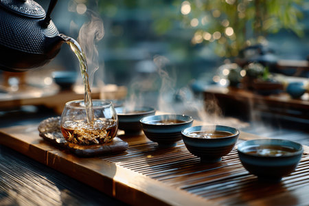 Hot tea is poured from a teapot into a glass and several small cups on a wooden trayの素材