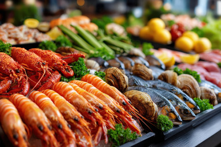 A display of fresh seafood on ice includes shrimp, lobster, fish, and shellfishの素材