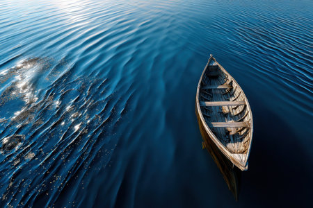 A small, wooden boat floats peacefully on calm blue waterの素材