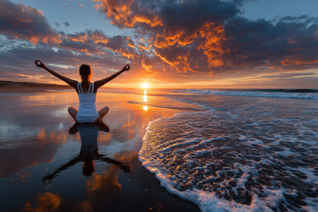 A person sits on a beach at sunset, practicing meditation, as ocean waves gently lap at their feet.の素材