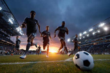 Soccer players run down a field toward a ball during a match at sunsetの素材