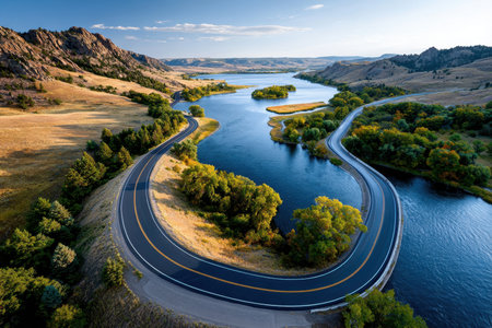 A winding road follows a river through a valley, with colorful trees and mountainsの素材