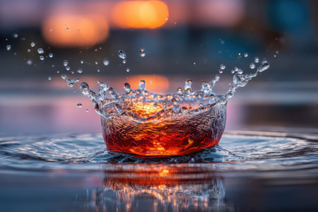 Closeup of a water droplet splashing in a puddle with a colorful sunset reflectionの素材