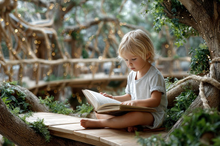 A young child sits on a wooden platform in a whimsical forest, deeply focused on reading a book surrounded by greenery.の写真素材