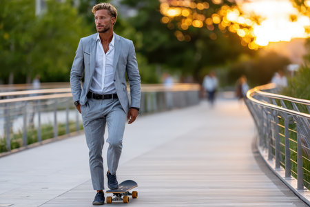 A man dressed in a suit skateboards along a wooden path at sunset, enjoying the evening atmosphere.の素材