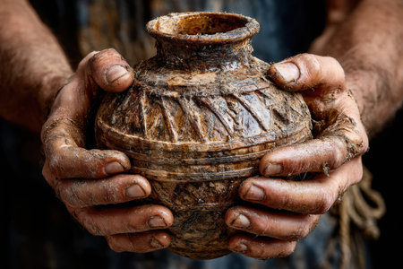 A skilled artisan displays a beautifully crafted pot, hands stained with clay, in a natural setting.の素材