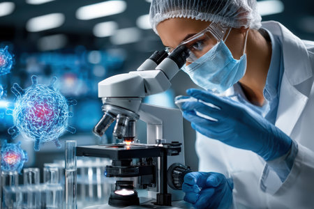 A scientist in a lab coat and mask studies samples through a microscope with digital displays of viruses nearby.の素材