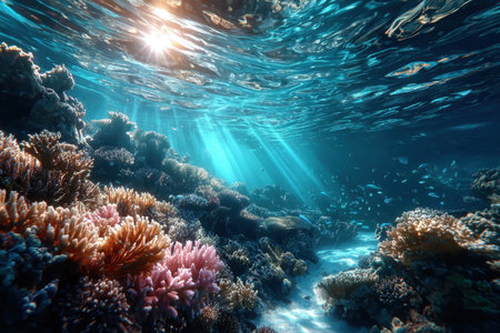 Colorful coral reef teeming with fish, bathed in sunlight beneath the ocean surfaceの素材