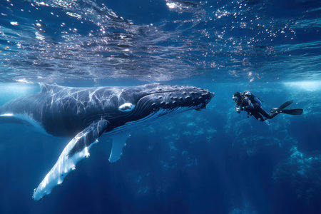A diver interacts with a large humpback whale in vibrant, crystal-clear ocean waters amidst a stunning aquatic backdrop.の素材
