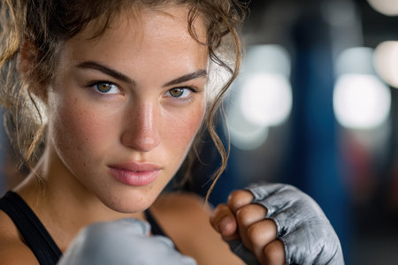 A female boxer with boxing gloves prepares for a fight in the gymの素材