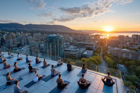 Group practices yoga on rooftop at sunset over cityの素材
