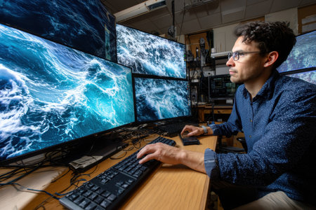 A researcher works intently at a workstation filled with multiple screens displaying oceanic data.の素材