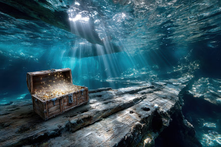 A surreal, underwater shot of a sunken ship, taken with a wide-angle lens, creating a sense of haunting beauty and forgotten history, with a single beam of sunlight illuminating a treasure chestの素材
