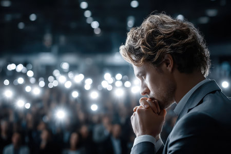 A man dressed in a suit contemplates deeply while surrounded by an audience illuminated by camera flashes.の素材