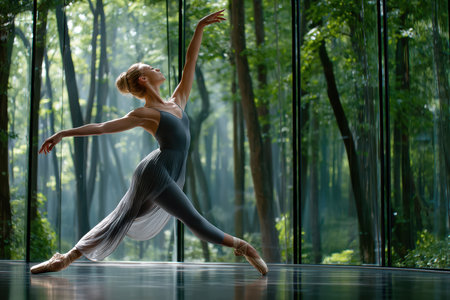 A ballet dancer strikes a pose in a forest-inspired studio, blending art with nature's tranquility.の素材