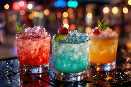 Three colorful cocktails with ice, garnishes, and a blurred city lights backgroundの素材