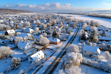 A quiet, snow-covered village at dawn, shot with a drone, capturing the tranquility and beauty of the winter seasonの素材