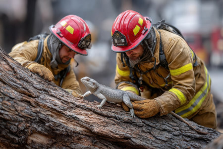 Two firefighters carefully examine a lizard atop a charred tree trunk in a wildfire-damaged forest.の素材
