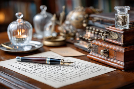 A vintage desk scene featuring a handwritten letter, pen, and inkwellの素材