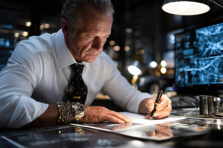 A focused businessman writes notes at his sleek desk surrounded by screens and paperwork in a modern office space.の素材