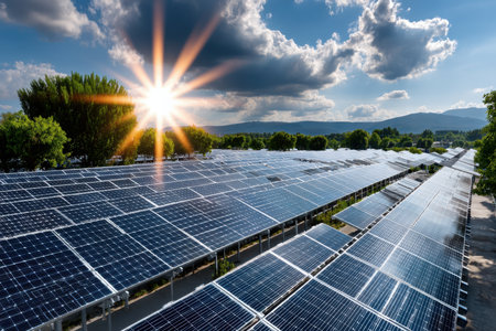 Rows of solar panels in a field under a cloudy sky with sun raysの素材