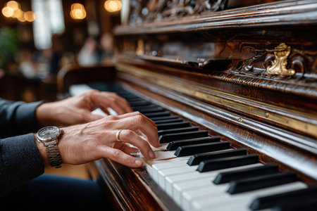 Hands glide over piano keys, creating a calming atmosphere in an inviting, elegant setting.の素材