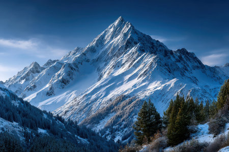 A snowcapped mountain peak towers over a valley of evergreen treesの素材