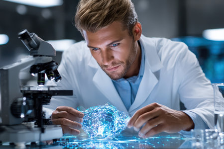 A researcher focuses intently on a glowing data model in a high-tech laboratory filled with equipment.の素材