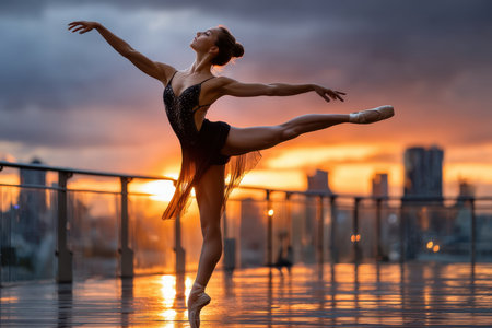 A ballet dancer strikes an elegant pose on a rooftop during sunset, with city skyline in background.の素材
